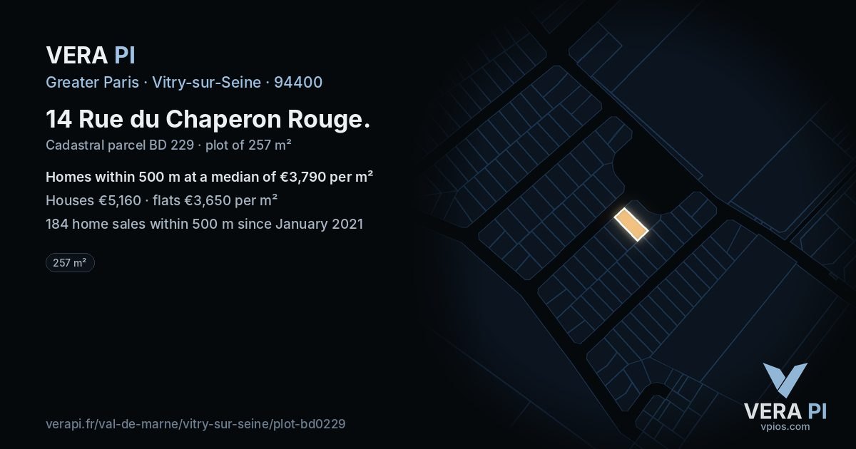 14 Rue du Chaperon Rouge, Vitry-sur-Seine at night – the plot lit, the parcels around coloured by the prices near them