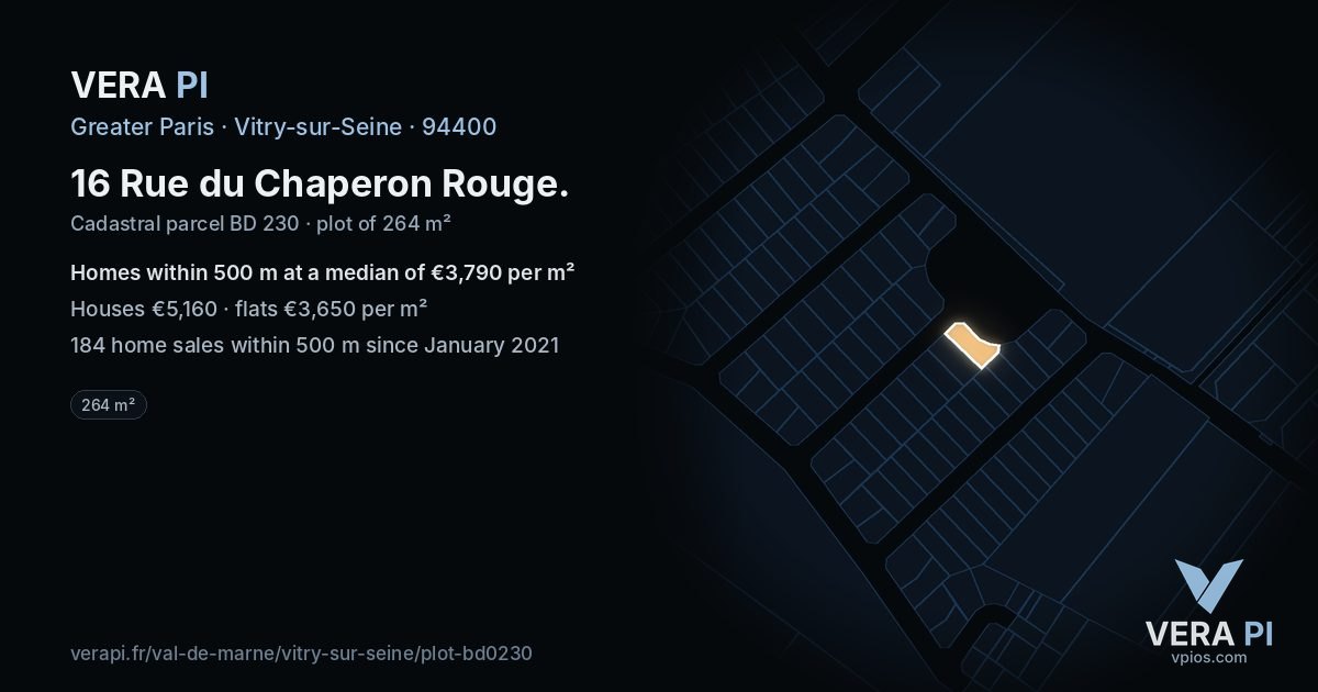 16 Rue du Chaperon Rouge, Vitry-sur-Seine at night – the plot lit, the parcels around coloured by the prices near them