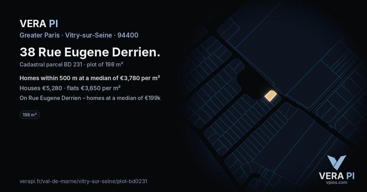 38 Rue Eugene Derrien, Vitry-sur-Seine at night – the plot lit, the parcels around coloured by the prices near them
