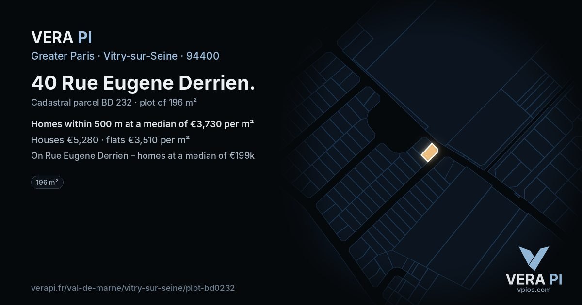 40 Rue Eugene Derrien, Vitry-sur-Seine at night – the plot lit, the parcels around coloured by the prices near them