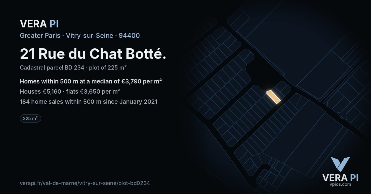 21 Rue du Chat Botté, Vitry-sur-Seine at night – the plot lit, the parcels around coloured by the prices near them