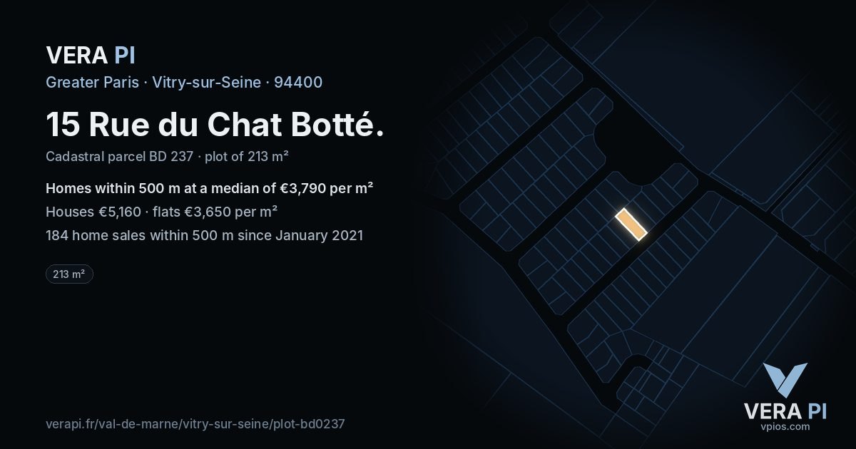 15 Rue du Chat Botté, Vitry-sur-Seine at night – the plot lit, the parcels around coloured by the prices near them