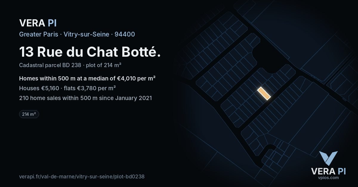 13 Rue du Chat Botté, Vitry-sur-Seine at night – the plot lit, the parcels around coloured by the prices near them