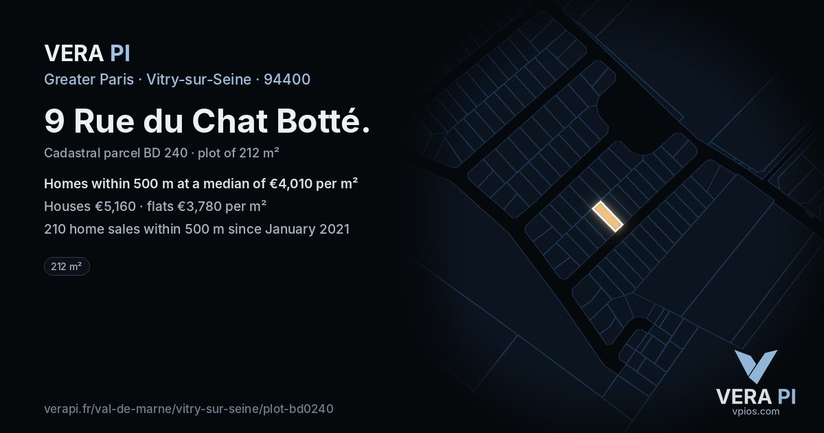 9 Rue du Chat Botté, Vitry-sur-Seine at night – the plot lit, the parcels around coloured by the prices near them
