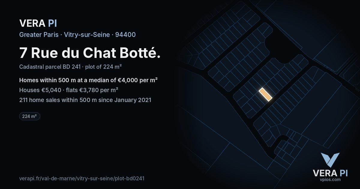 7 Rue du Chat Botté, Vitry-sur-Seine at night – the plot lit, the parcels around coloured by the prices near them