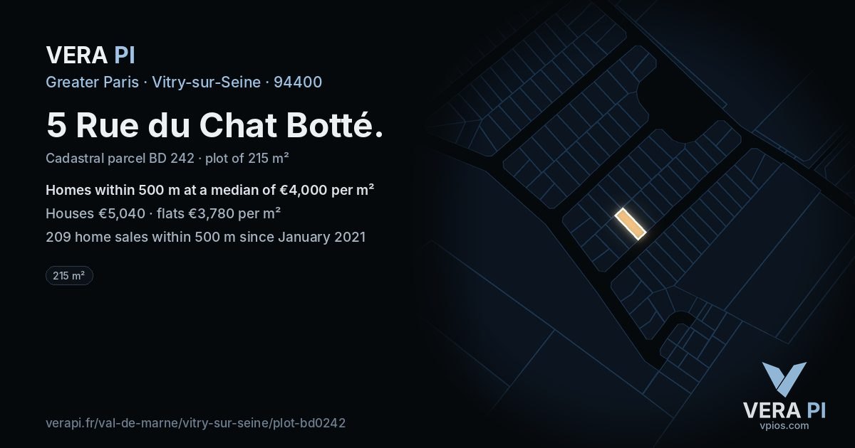 5 Rue du Chat Botté, Vitry-sur-Seine at night – the plot lit, the parcels around coloured by the prices near them