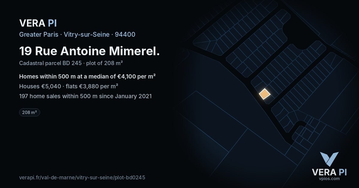 19 Rue Antoine Mimerel, Vitry-sur-Seine at night – the plot lit, the parcels around coloured by the prices near them