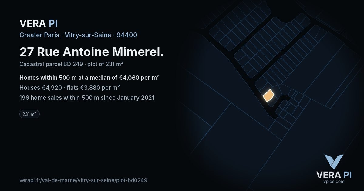 27 Rue Antoine Mimerel, Vitry-sur-Seine at night – the plot lit, the parcels around coloured by the prices near them