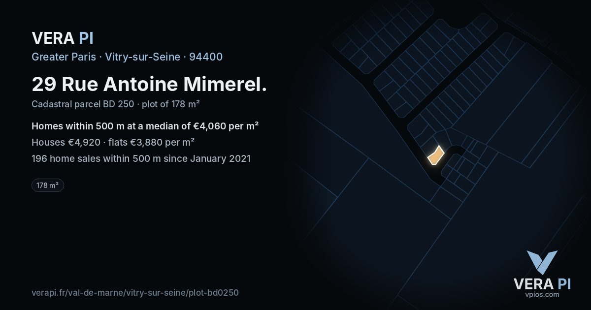 29 Rue Antoine Mimerel, Vitry-sur-Seine at night – the plot lit, the parcels around coloured by the prices near them