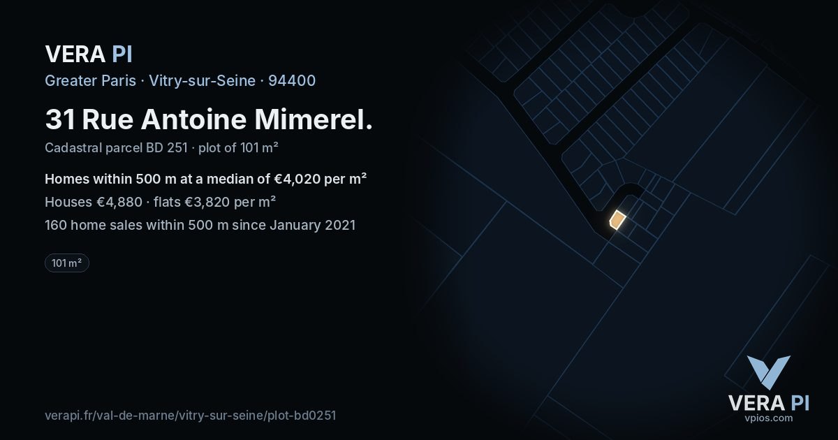 31 Rue Antoine Mimerel, Vitry-sur-Seine at night – the plot lit, the parcels around coloured by the prices near them