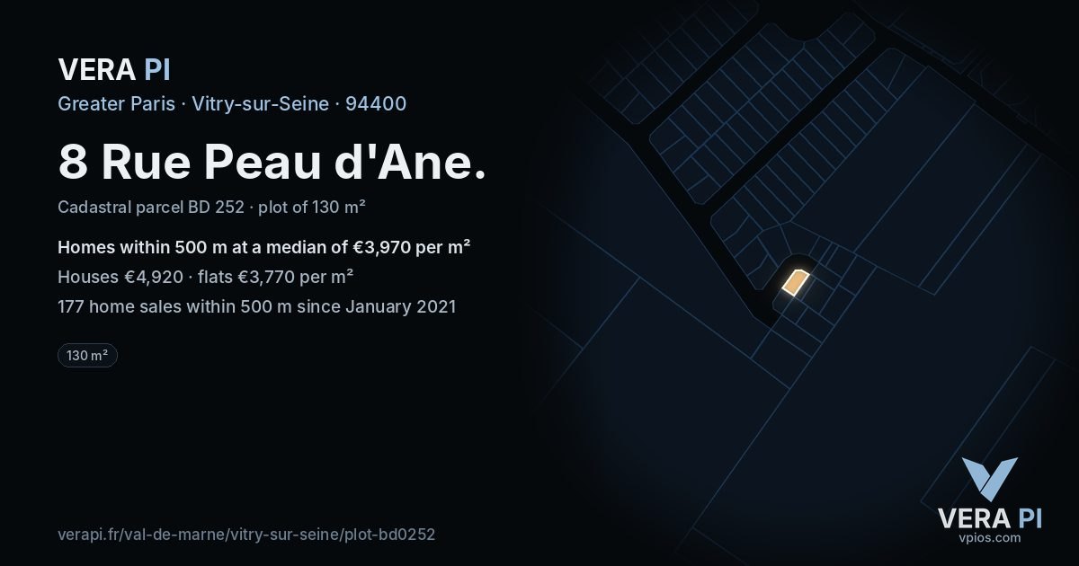 8 Rue Peau d'Ane, Vitry-sur-Seine at night – the plot lit, the parcels around coloured by the prices near them