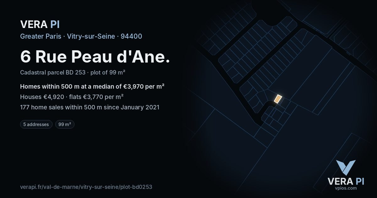 6 Rue Peau d'Ane, Vitry-sur-Seine at night – the plot lit, the parcels around coloured by the prices near them