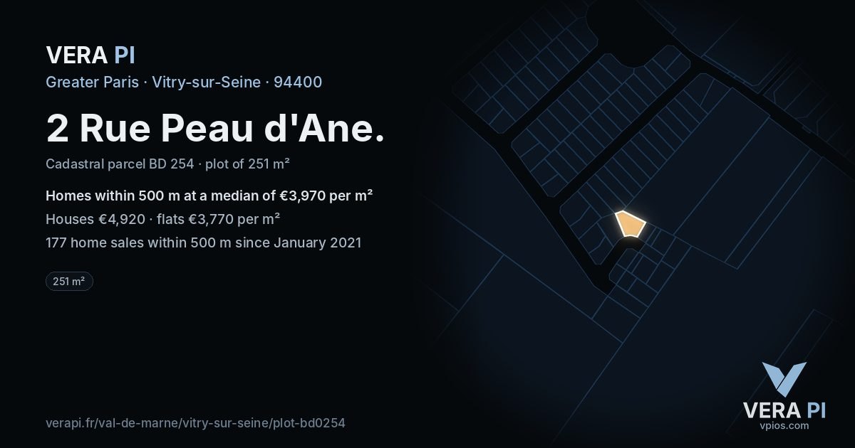 2 Rue Peau d'Ane, Vitry-sur-Seine at night – the plot lit, the parcels around coloured by the prices near them