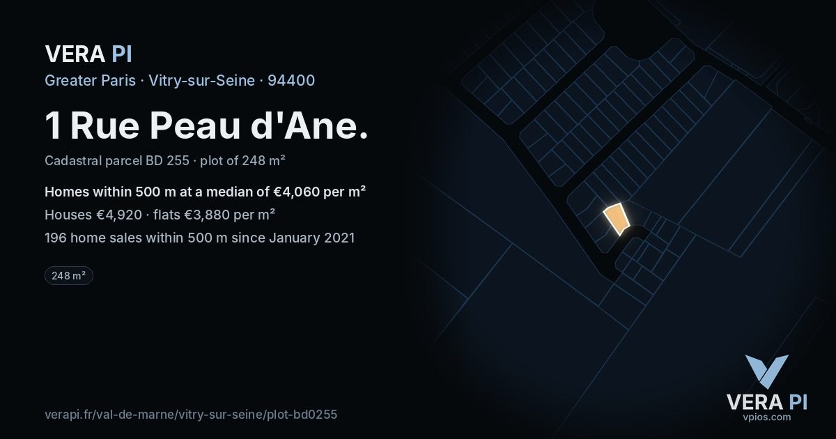 1 Rue Peau d'Ane, Vitry-sur-Seine at night – the plot lit, the parcels around coloured by the prices near them