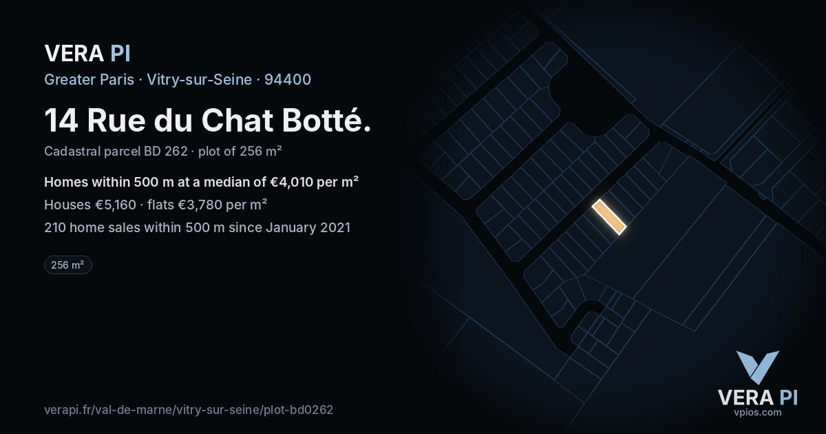 14 Rue du Chat Botté, Vitry-sur-Seine at night – the plot lit, the parcels around coloured by the prices near them