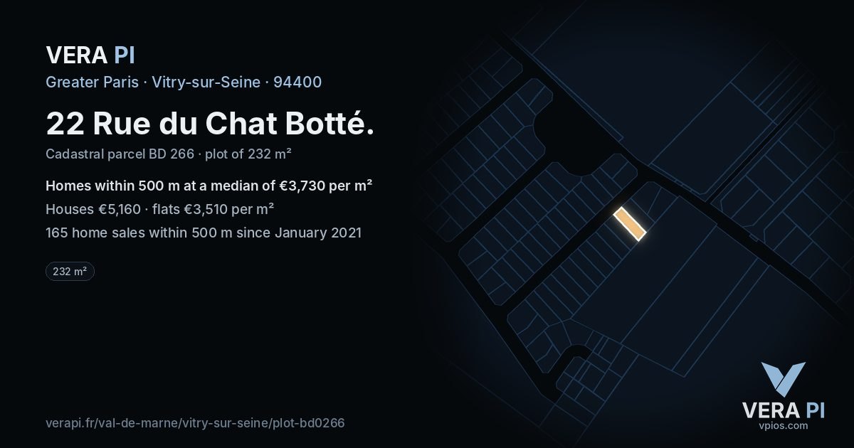 22 Rue du Chat Botté, Vitry-sur-Seine at night – the plot lit, the parcels around coloured by the prices near them