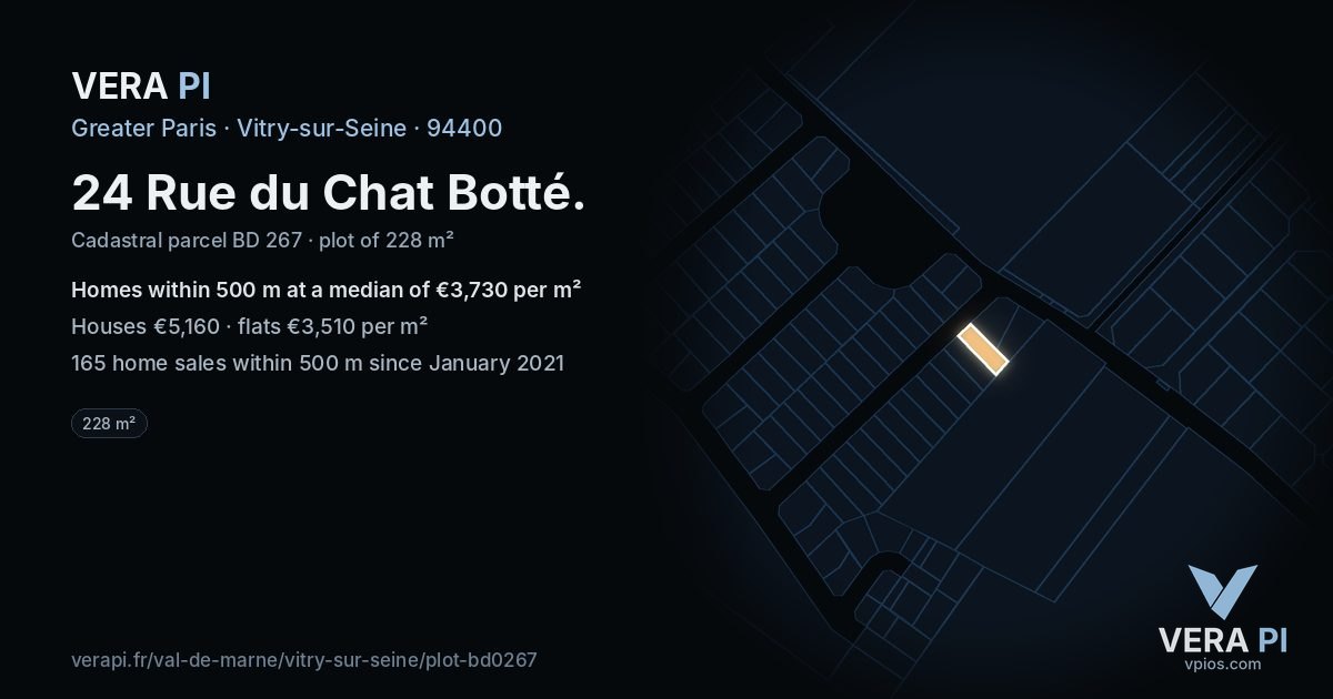 24 Rue du Chat Botté, Vitry-sur-Seine at night – the plot lit, the parcels around coloured by the prices near them