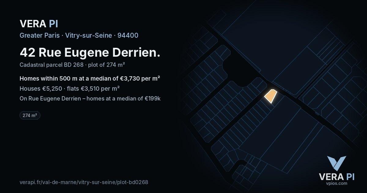 42 Rue Eugene Derrien, Vitry-sur-Seine at night – the plot lit, the parcels around coloured by the prices near them