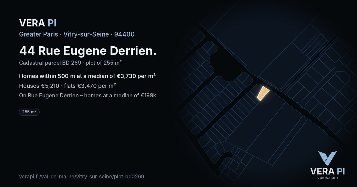 44 Rue Eugene Derrien, Vitry-sur-Seine at night – the plot lit, the parcels around coloured by the prices near them