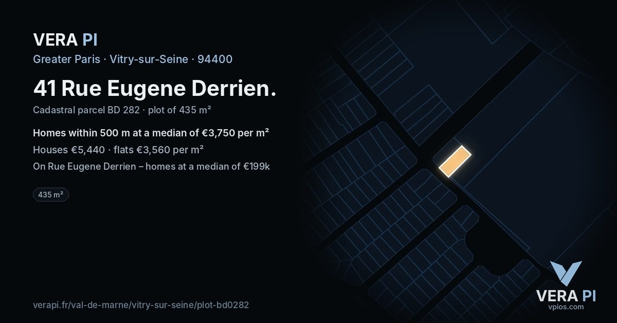 41 Rue Eugene Derrien, Vitry-sur-Seine at night – the plot lit, the parcels around coloured by the prices near them