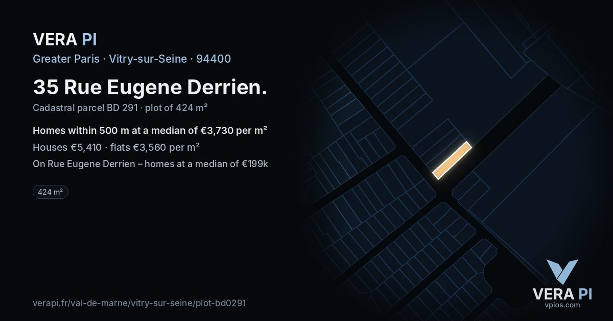 35 Rue Eugene Derrien, Vitry-sur-Seine at night – the plot lit, the parcels around coloured by the prices near them
