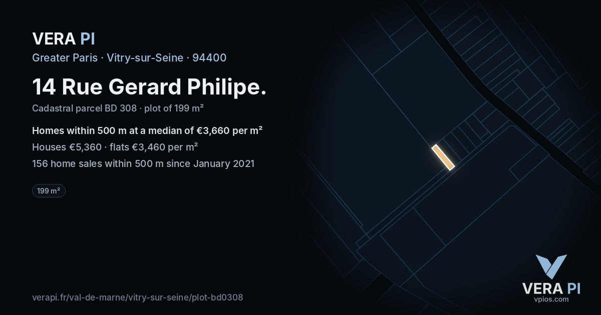 14 Rue Gerard Philipe, Vitry-sur-Seine at night – the plot lit, the parcels around coloured by the prices near them