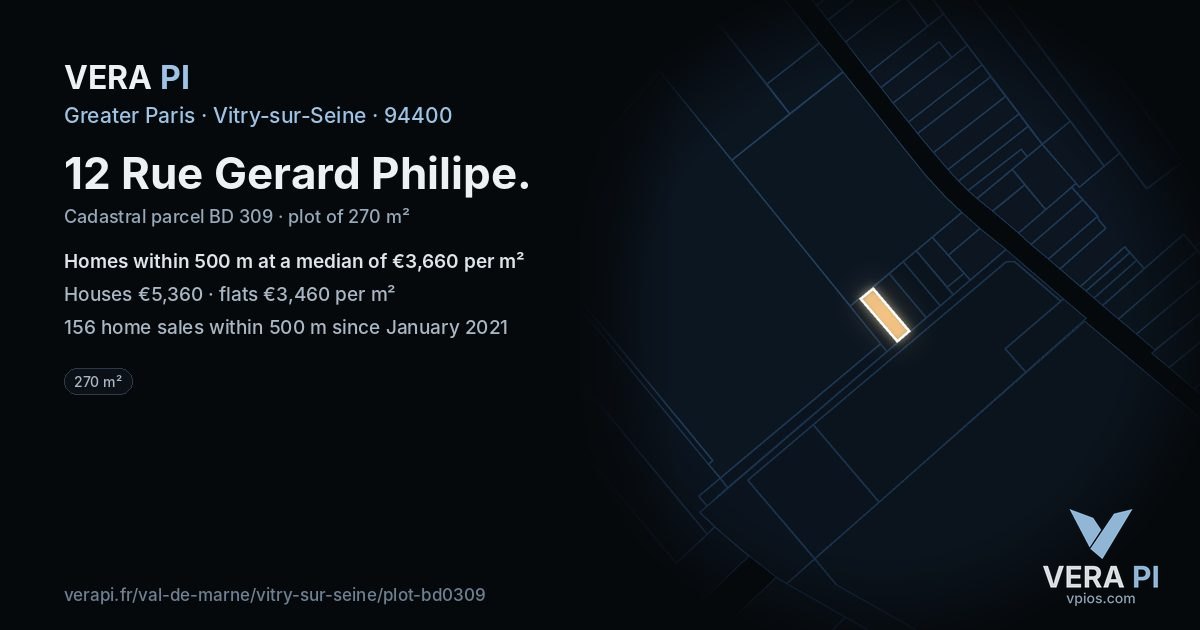 12 Rue Gerard Philipe, Vitry-sur-Seine at night – the plot lit, the parcels around coloured by the prices near them