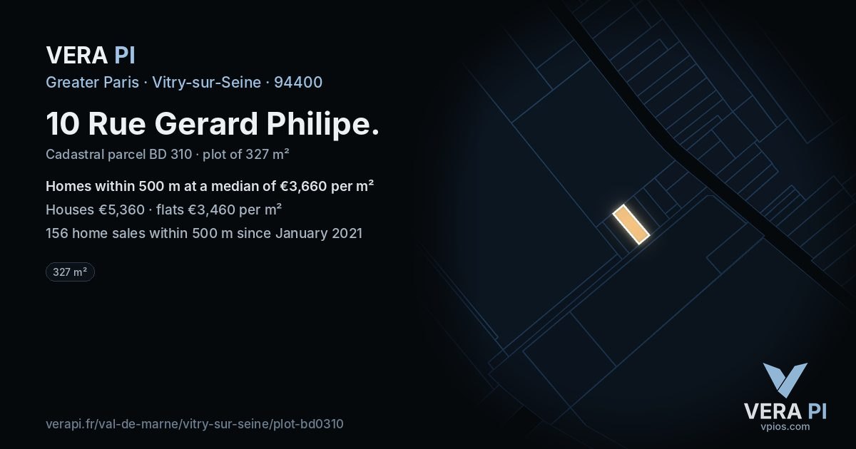 10 Rue Gerard Philipe, Vitry-sur-Seine at night – the plot lit, the parcels around coloured by the prices near them