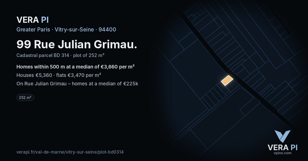 99 Rue Julian Grimau, Vitry-sur-Seine at night – the plot lit, the parcels around coloured by the prices near them
