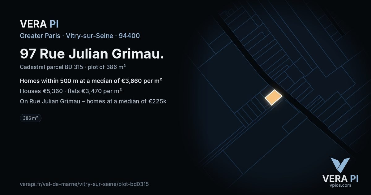97 Rue Julian Grimau, Vitry-sur-Seine at night – the plot lit, the parcels around coloured by the prices near them