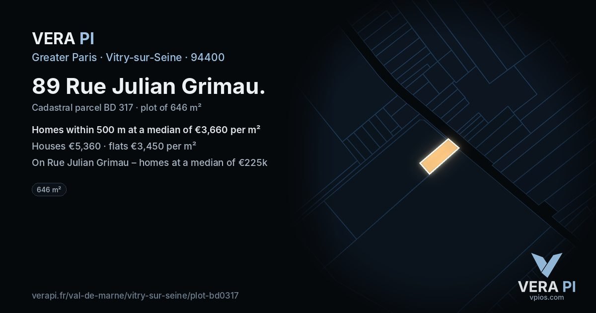 89 Rue Julian Grimau, Vitry-sur-Seine at night – the plot lit, the parcels around coloured by the prices near them