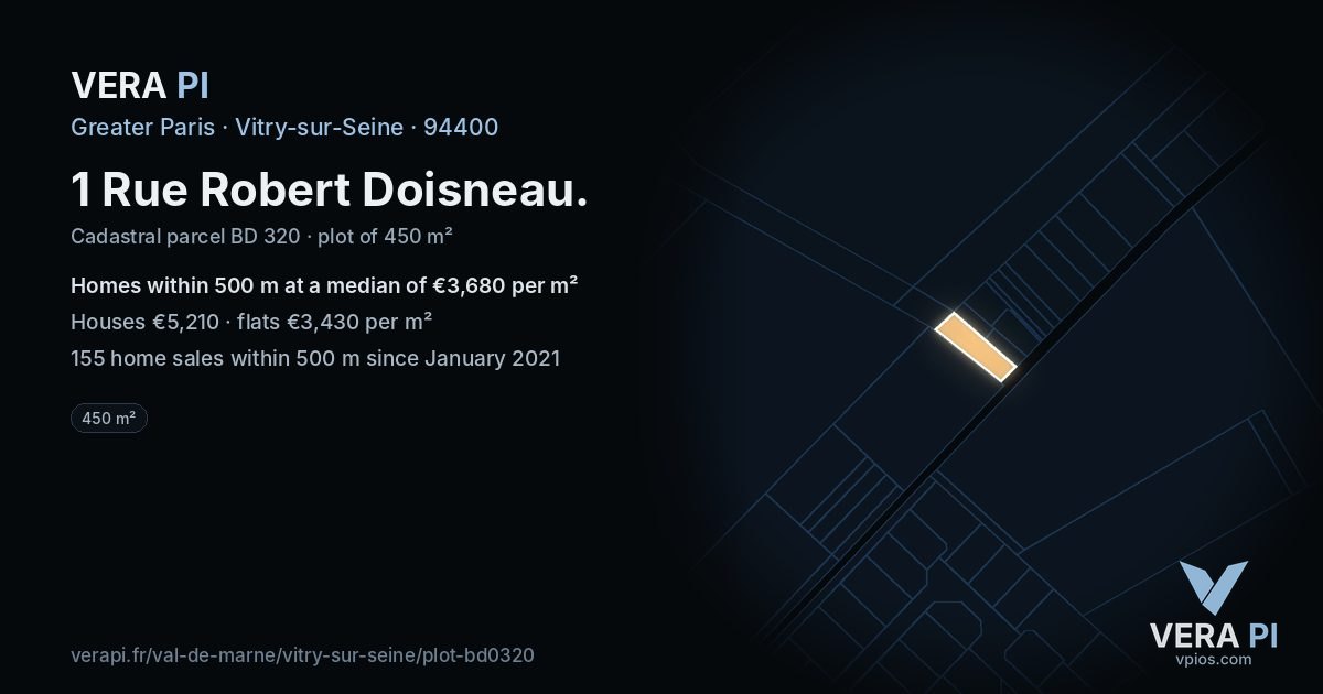 1 Rue Robert Doisneau, Vitry-sur-Seine at night – the plot lit, the parcels around coloured by the prices near them