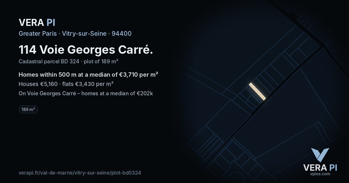 114 Voie Georges Carré, Vitry-sur-Seine at night – the plot lit, the parcels around coloured by the prices near them