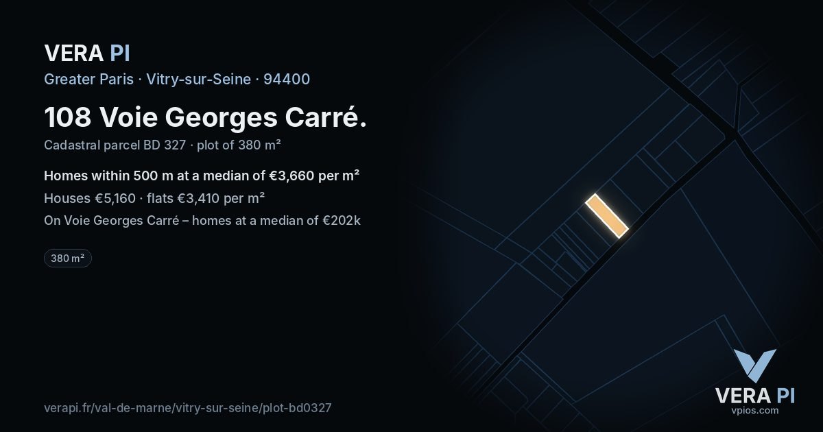 108 Voie Georges Carré, Vitry-sur-Seine at night – the plot lit, the parcels around coloured by the prices near them
