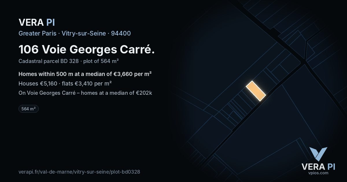106 Voie Georges Carré, Vitry-sur-Seine at night – the plot lit, the parcels around coloured by the prices near them