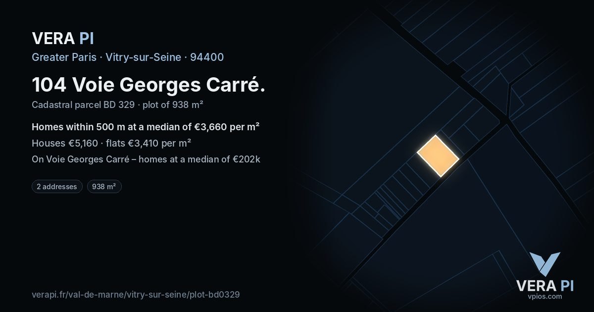104 Voie Georges Carré, Vitry-sur-Seine at night – the plot lit, the parcels around coloured by the prices near them