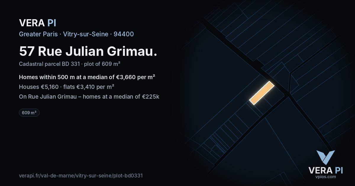 57 Rue Julian Grimau, Vitry-sur-Seine at night – the plot lit, the parcels around coloured by the prices near them