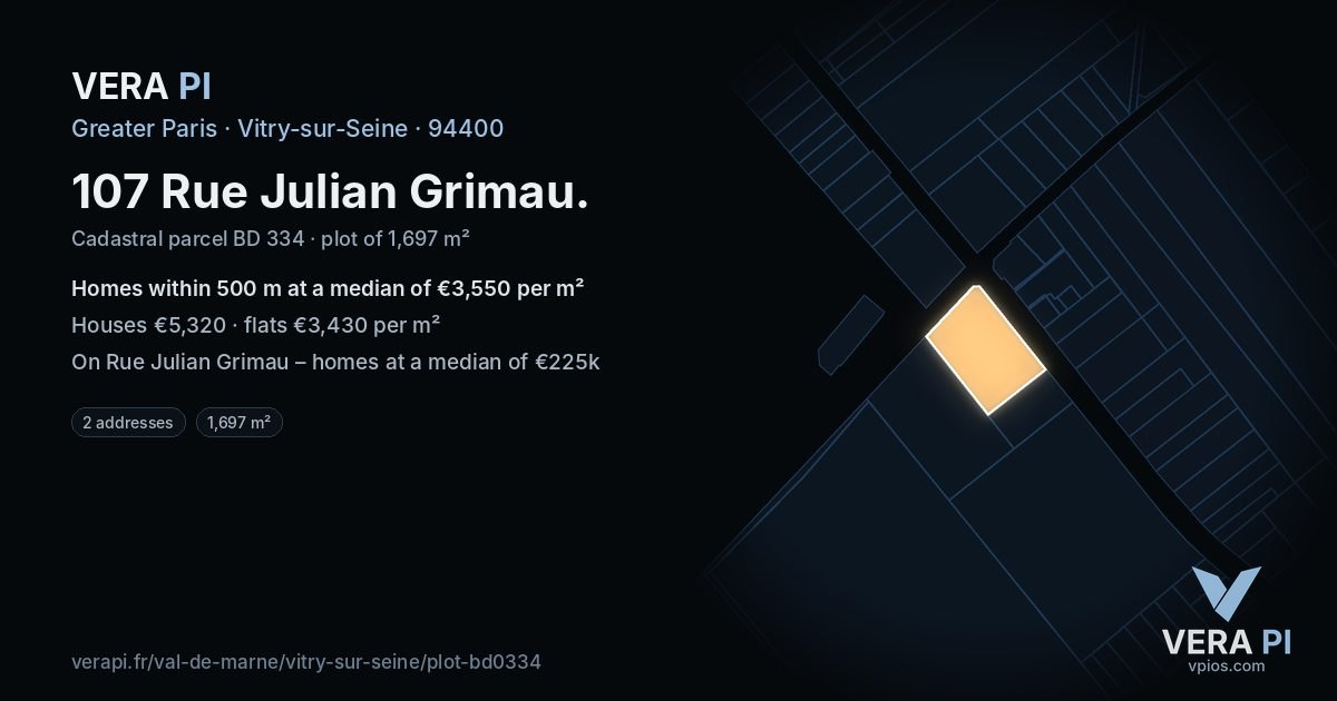 107 Rue Julian Grimau, Vitry-sur-Seine at night – the plot lit, the parcels around coloured by the prices near them
