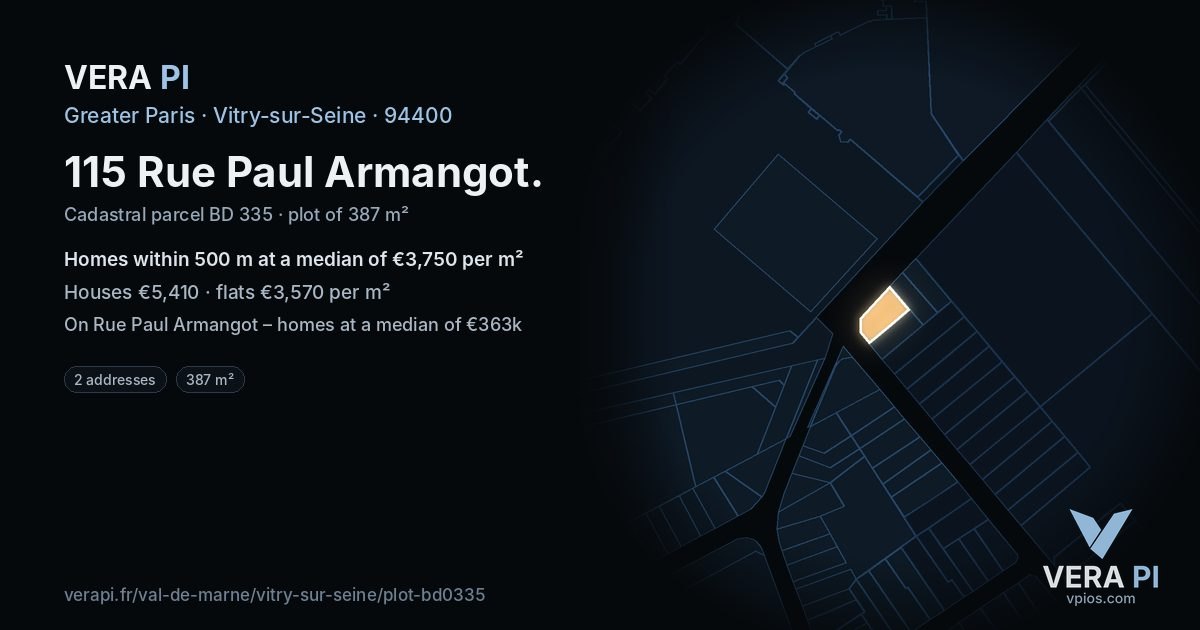 115 Rue Paul Armangot, Vitry-sur-Seine at night – the plot lit, the parcels around coloured by the prices near them