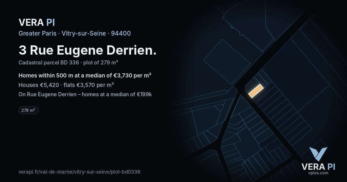3 Rue Eugene Derrien, Vitry-sur-Seine at night – the plot lit, the parcels around coloured by the prices near them