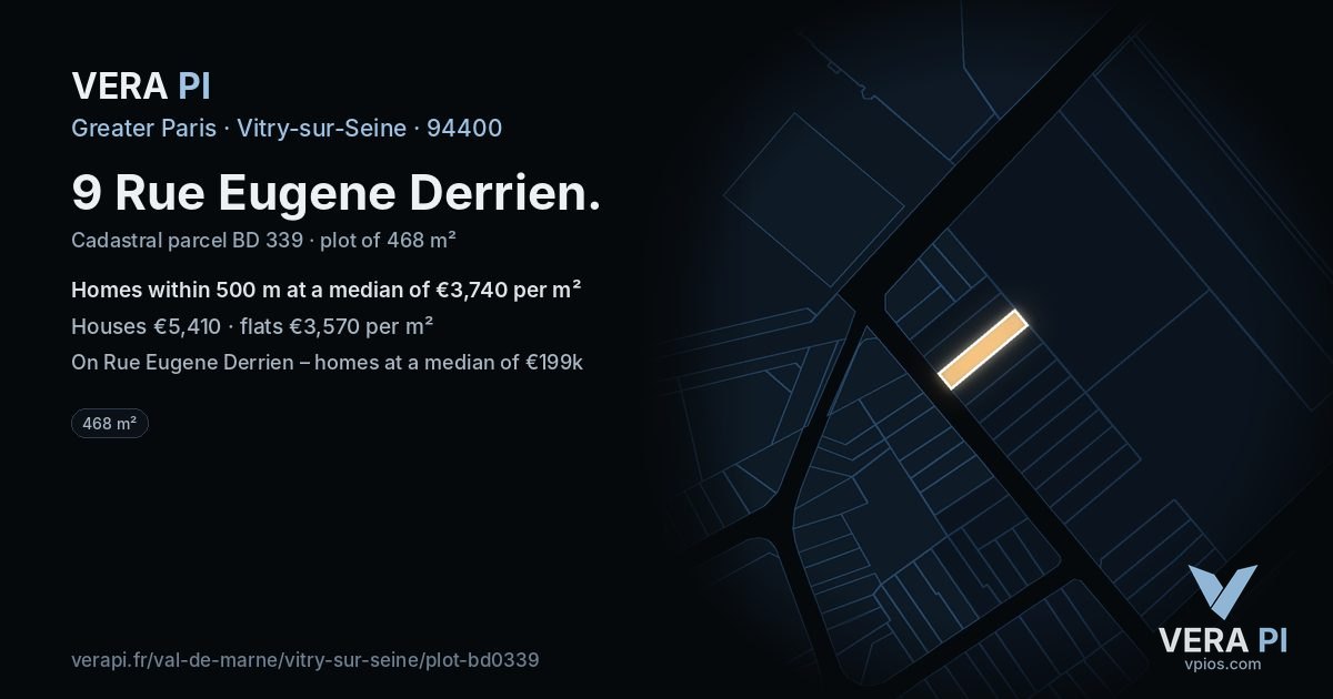 9 Rue Eugene Derrien, Vitry-sur-Seine at night – the plot lit, the parcels around coloured by the prices near them