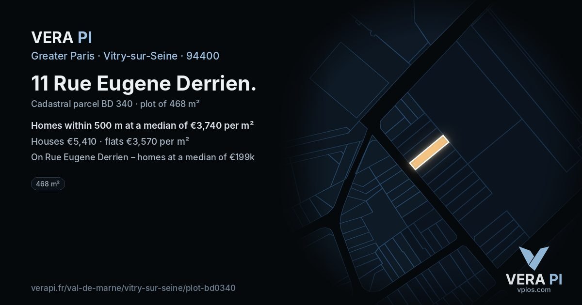 11 Rue Eugene Derrien, Vitry-sur-Seine at night – the plot lit, the parcels around coloured by the prices near them