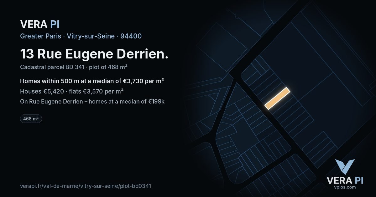 13 Rue Eugene Derrien, Vitry-sur-Seine at night – the plot lit, the parcels around coloured by the prices near them