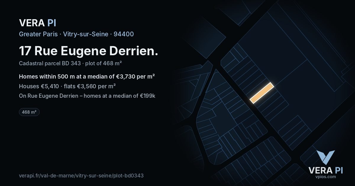 17 Rue Eugene Derrien, Vitry-sur-Seine at night – the plot lit, the parcels around coloured by the prices near them