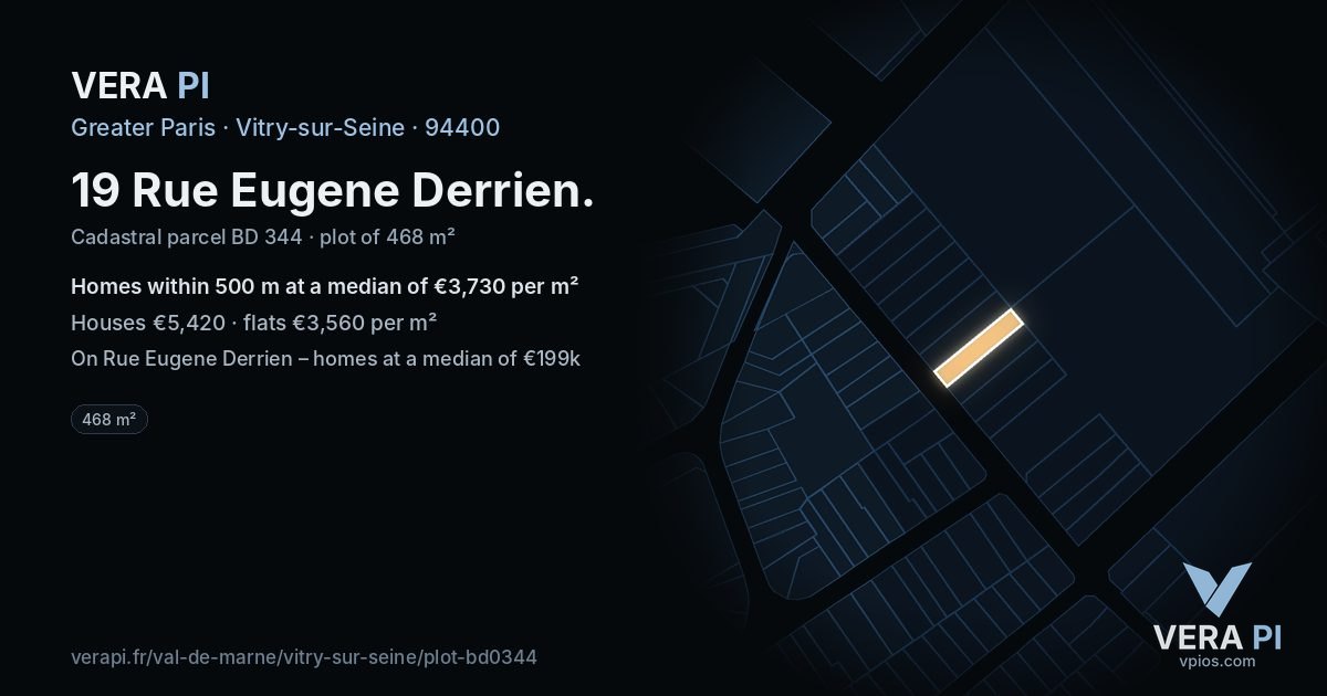 19 Rue Eugene Derrien, Vitry-sur-Seine at night – the plot lit, the parcels around coloured by the prices near them