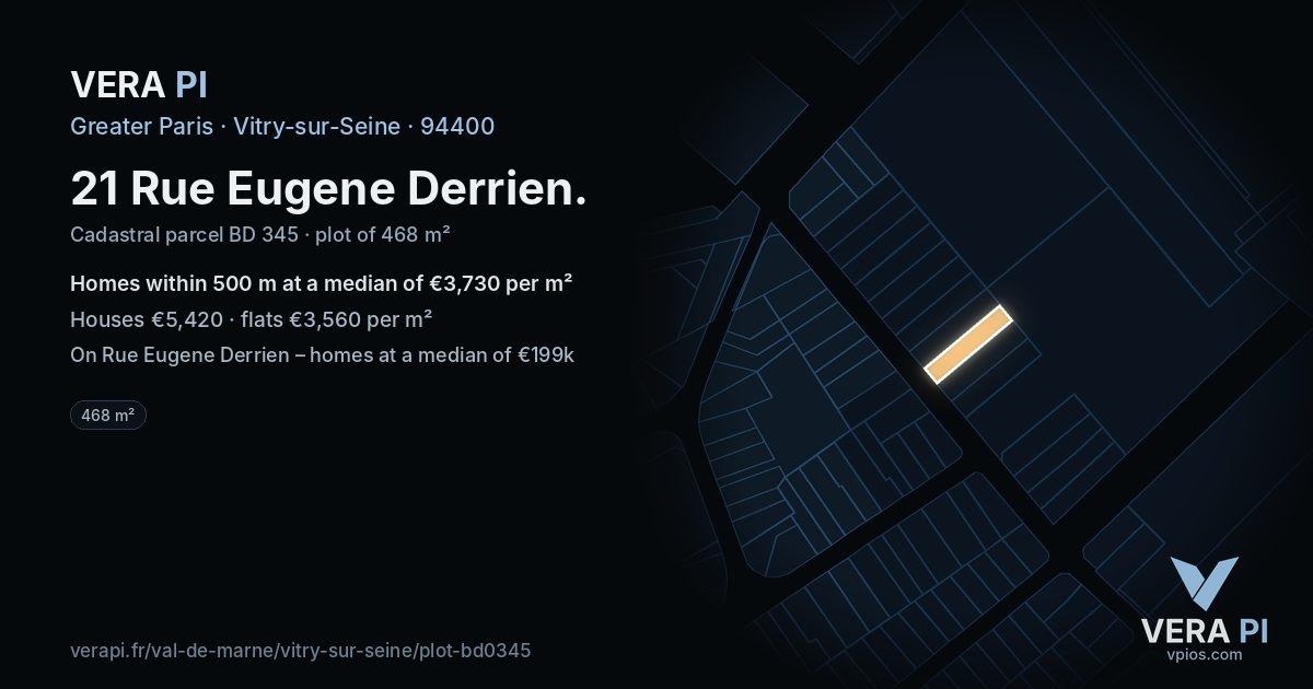 21 Rue Eugene Derrien, Vitry-sur-Seine at night – the plot lit, the parcels around coloured by the prices near them
