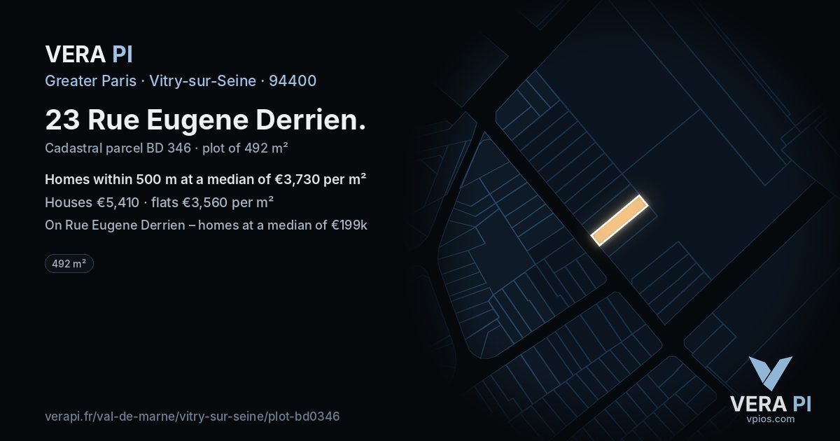 23 Rue Eugene Derrien, Vitry-sur-Seine at night – the plot lit, the parcels around coloured by the prices near them