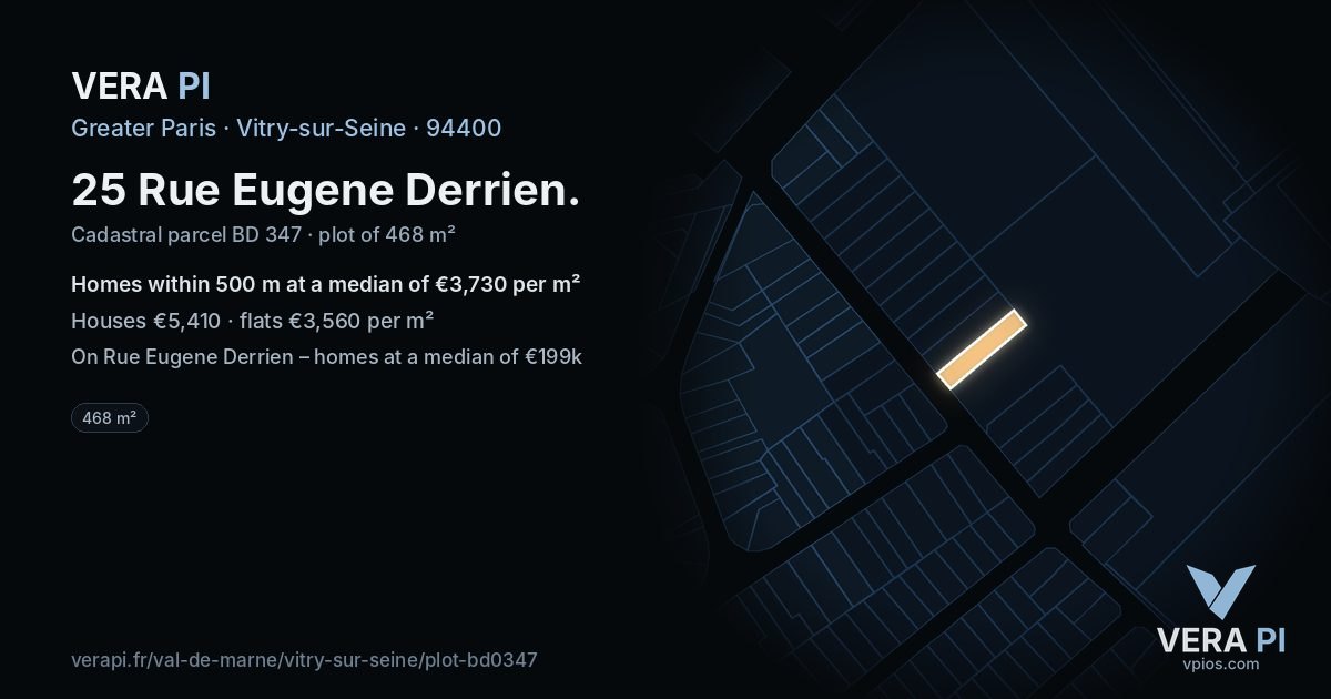 25 Rue Eugene Derrien, Vitry-sur-Seine at night – the plot lit, the parcels around coloured by the prices near them
