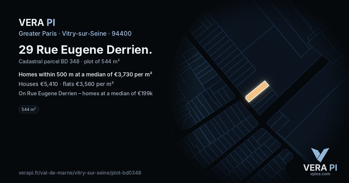 29 Rue Eugene Derrien, Vitry-sur-Seine at night – the plot lit, the parcels around coloured by the prices near them