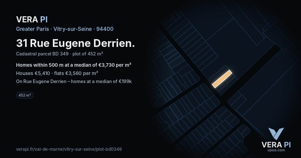 31 Rue Eugene Derrien, Vitry-sur-Seine at night – the plot lit, the parcels around coloured by the prices near them